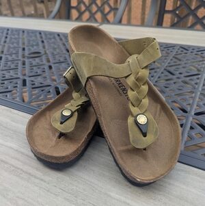 Birkenstock Gizeh Braided 38 Olive Green Leather Flip Flop Sandals